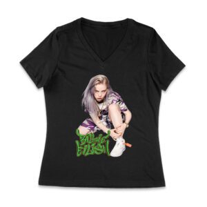 Urban Style Billie Eilish Sitting Pose Green Graffiti T-Shirt Women Jersey V-Neck – Viva Party