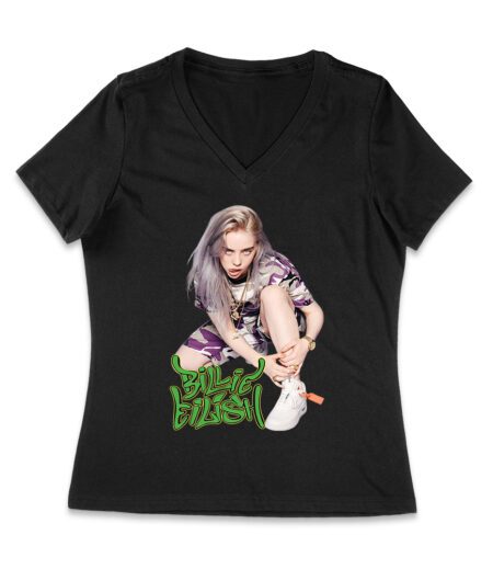 Urban Style Billie Eilish Sitting Pose Green Graffiti T-Shirt Women Jersey V-Neck – Viva Party