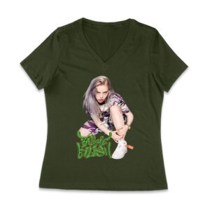 Urban Style Billie Eilish Sitting Pose Green Graffiti T-Shirt Women Jersey V-Neck