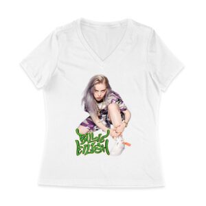 Urban Style Billie Eilish Sitting Pose Green Graffiti T-Shirt Women Jersey V-Neck