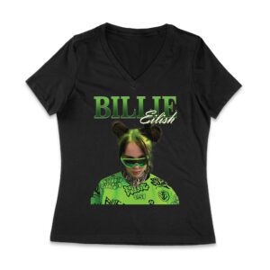 Neon Green Billie Eilish Face Design T-Shirt with Signature Look Women Jersey V-Neck – Viva Party