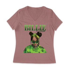Neon Green Billie Eilish Face Design T-Shirt with Signature Look Women Jersey V-Neck