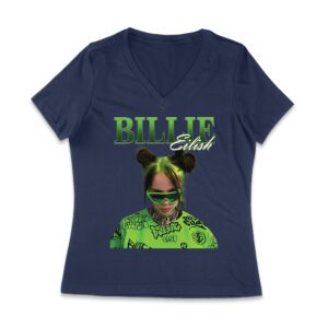 Neon Green Billie Eilish Face Design T-Shirt with Signature Look Women Jersey V-Neck