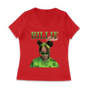 Neon Green Billie Eilish Face Design T-Shirt with Signature Look Women Jersey V-Neck