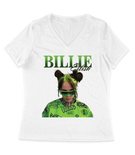 Neon Green Billie Eilish Face Design T-Shirt with Signature Look Women Jersey V-Neck
