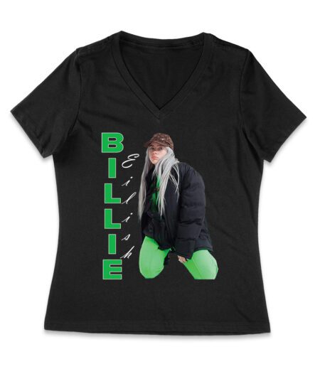 Bold Billie Eilish Vertical Text Pose T-Shirt for Stylish Fans Women Jersey V-Neck – Viva Party