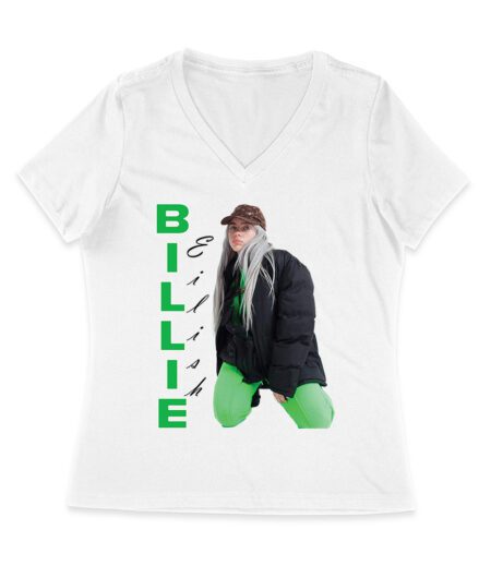 Bold Billie Eilish Vertical Text Pose T-Shirt for Stylish Fans Women Jersey V-Neck