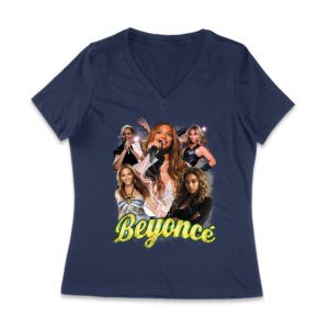 Multi-Image Singing Beyonce Graphic T-Shirt with Spark Effects Women Jersey V-Neck