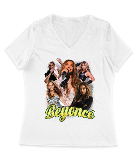Multi-Image Singing Beyonce Graphic T-Shirt with Spark Effects Women Jersey V-Neck