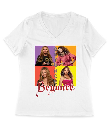 Color Block Beyonce Portrait T-Shirt with Artistic Text Design Women Jersey V-Neck