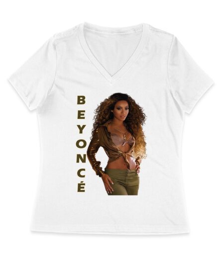 Golden Glam Beyonce Graphic T-Shirt with Vertical Bold Lettering Women Jersey V-Neck