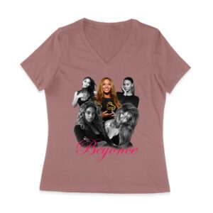 Black and White Beyonce Portrait T-Shirt with Touch of Color Contrast Women Jersey V-Neck