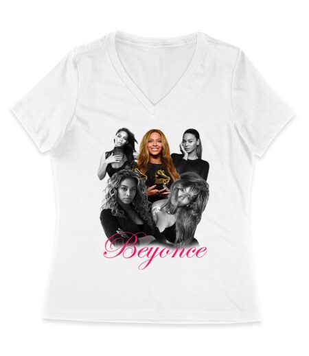 Black and White Beyonce Portrait T-Shirt with Touch of Color Contrast Women Jersey V-Neck