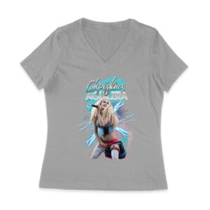 Electric Style Christina Aguilera T-Shirt with Lightning Background and Bold Pose Women Jersey V-Neck