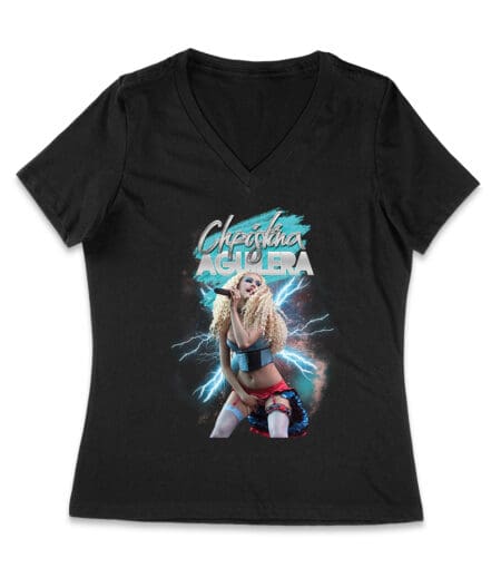Electric Style Christina Aguilera T-Shirt with Lightning Background and Bold Pose Women Jersey V-Neck – Viva Party