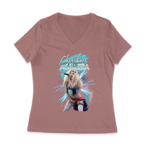 Electric Style Christina Aguilera T-Shirt with Lightning Background and Bold Pose Women Jersey V-Neck