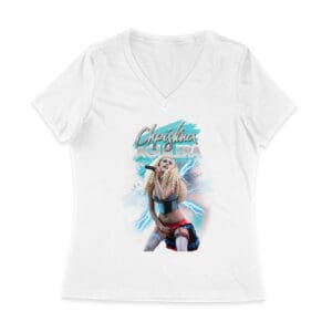 Electric Style Christina Aguilera T-Shirt with Lightning Background and Bold Pose Women Jersey V-Neck