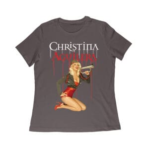 Retro Pin-Up Style Christina Aguilera T-Shirt with Red Microphone Pose Women Relaxed