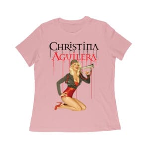 Retro Pin-Up Style Christina Aguilera T-Shirt with Red Microphone Pose Women Relaxed