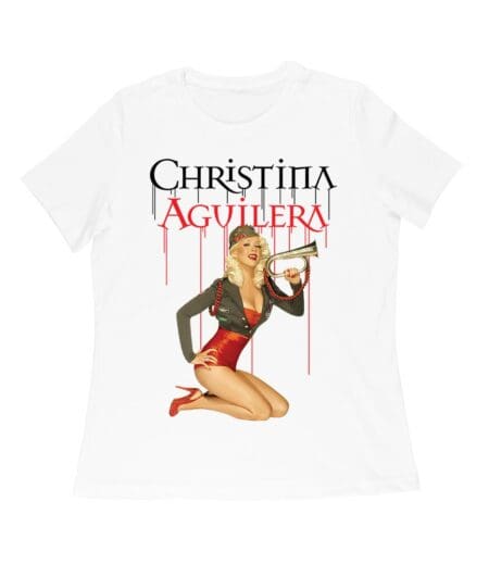 Retro Pin-Up Style Christina Aguilera T-Shirt with Red Microphone Pose Women Relaxed