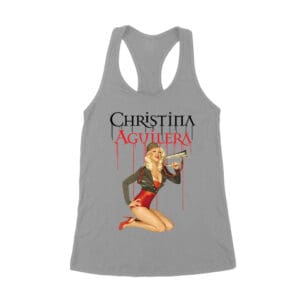 Retro Pin-Up Style Christina Aguilera T-Shirt with Red Microphone Pose Women's Racerback Tank Top
