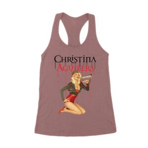 Retro Pin-Up Style Christina Aguilera T-Shirt with Red Microphone Pose Women's Racerback Tank Top