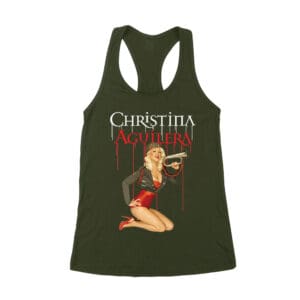 Retro Pin-Up Style Christina Aguilera T-Shirt with Red Microphone Pose Women's Racerback Tank Top