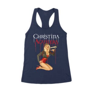 Retro Pin-Up Style Christina Aguilera T-Shirt with Red Microphone Pose Women's Racerback Tank Top
