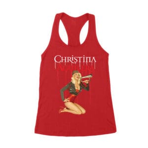Retro Pin-Up Style Christina Aguilera T-Shirt with Red Microphone Pose Women's Racerback Tank Top