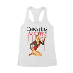 Retro Pin-Up Style Christina Aguilera T-Shirt with Red Microphone Pose Women's Racerback Tank Top