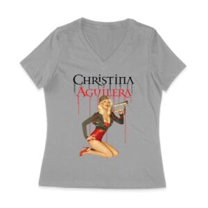 Retro Pin-Up Style Christina Aguilera T-Shirt with Red Microphone Pose Women Jersey V-Neck