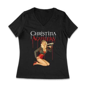 Retro Pin-Up Style Christina Aguilera T-Shirt with Red Microphone Pose Women Jersey V-Neck – Viva Party