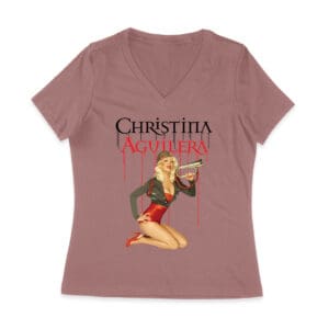 Retro Pin-Up Style Christina Aguilera T-Shirt with Red Microphone Pose Women Jersey V-Neck