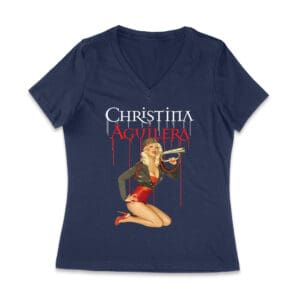 Retro Pin-Up Style Christina Aguilera T-Shirt with Red Microphone Pose Women Jersey V-Neck