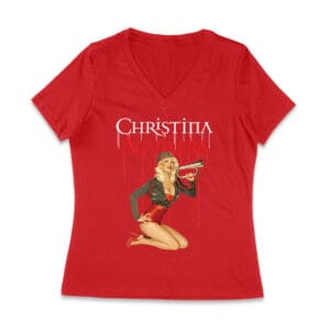 Retro Pin-Up Style Christina Aguilera T-Shirt with Red Microphone Pose Women Jersey V-Neck