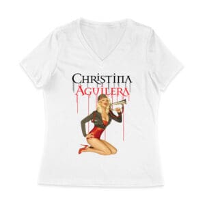 Retro Pin-Up Style Christina Aguilera T-Shirt with Red Microphone Pose Women Jersey V-Neck