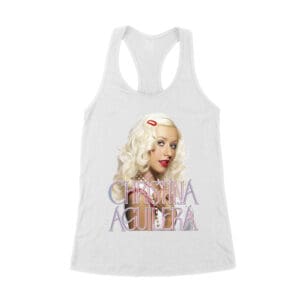 Classic Christina Aguilera Blonde Look T-Shirt with Soft Pink Logo Women's Racerback Tank Top