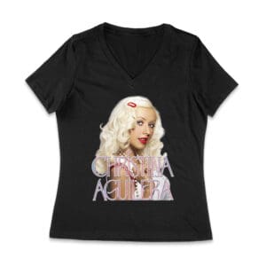 Classic Christina Aguilera Blonde Look T-Shirt with Soft Pink Logo Women Jersey V-Neck – Viva Party
