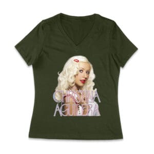 Classic Christina Aguilera Blonde Look T-Shirt with Soft Pink Logo Women Jersey V-Neck