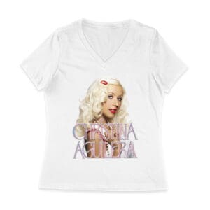 Classic Christina Aguilera Blonde Look T-Shirt with Soft Pink Logo Women Jersey V-Neck
