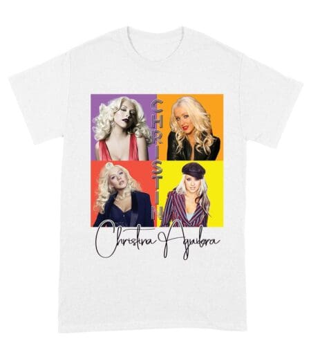 Pop Art Style Christina Aguilera T-Shirt with Four Retro Portrait Blocks Unisex Adult