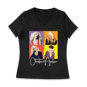 Pop Art Style Christina Aguilera T-Shirt with Four Retro Portrait Blocks Women Jersey V-Neck – Viva Party