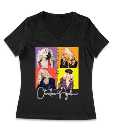 Pop Art Style Christina Aguilera T-Shirt with Four Retro Portrait Blocks Women Jersey V-Neck – Viva Party