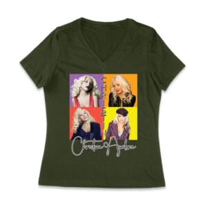 Pop Art Style Christina Aguilera T-Shirt with Four Retro Portrait Blocks Women Jersey V-Neck