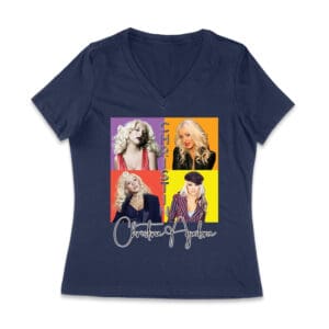 Pop Art Style Christina Aguilera T-Shirt with Four Retro Portrait Blocks Women Jersey V-Neck