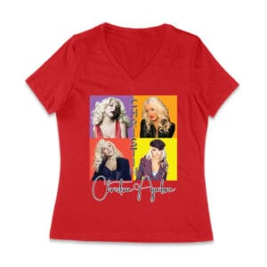 Pop Art Style Christina Aguilera T-Shirt with Four Retro Portrait Blocks Women Jersey V-Neck