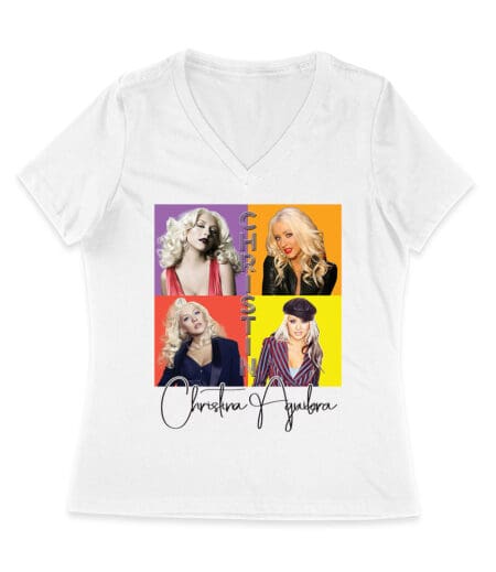 Pop Art Style Christina Aguilera T-Shirt with Four Retro Portrait Blocks Women Jersey V-Neck
