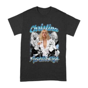 Christina Aguilera Grayscale Collage T-Shirt with Blue Name Highlight Unisex Adult – Viva Party