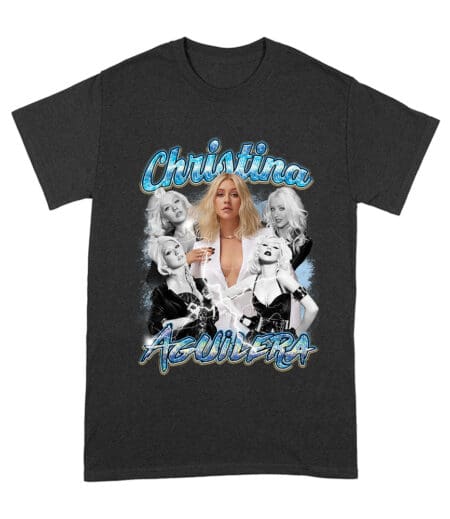 Christina Aguilera Grayscale Collage T-Shirt with Blue Name Highlight Unisex Adult – Viva Party