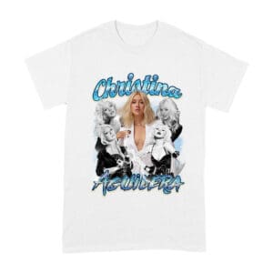 Christina Aguilera Grayscale Collage T-Shirt with Blue Name Highlight Unisex Adult
